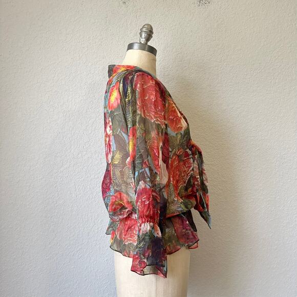 HAUTE HIPPIE Top Blouse Red Floral Silk Chiffon Sheer Puff Sleeve Boho - Picture 6 of 10